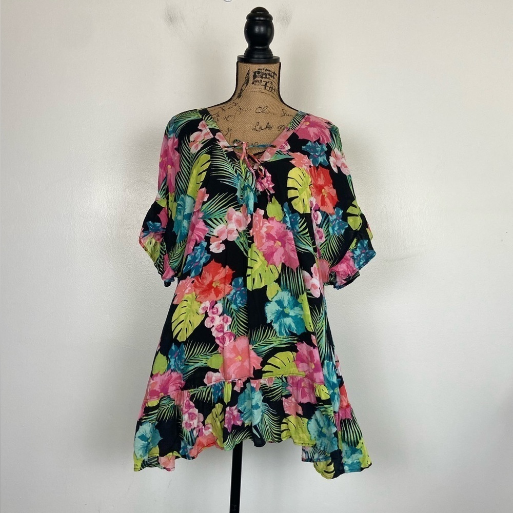 Tahiti Women's Floral Mini Dress M Ruffle Sleeve Ruffle Beach Coverup Resorwear